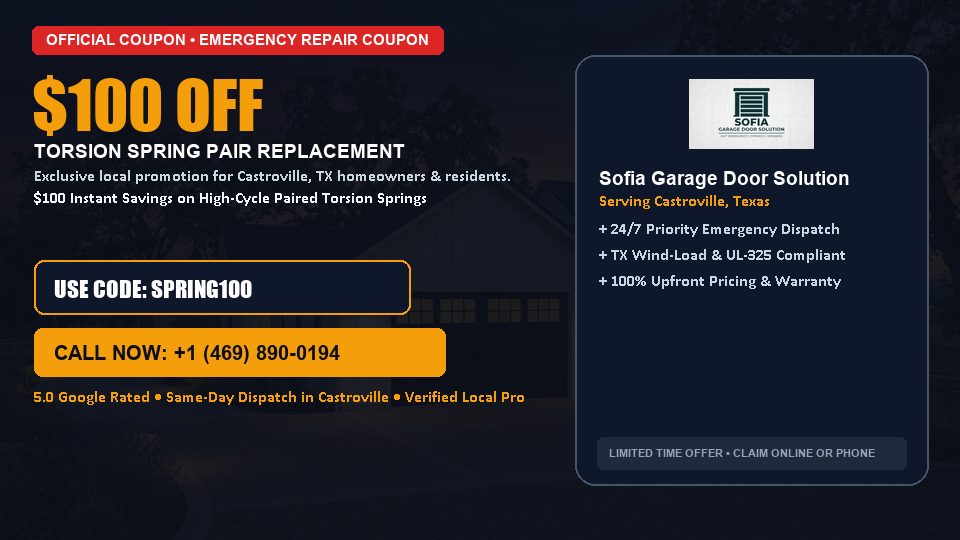 Sofia Garage Door Solution $100 OFF Dual Torsion Spring Replacement in Castroville, TX