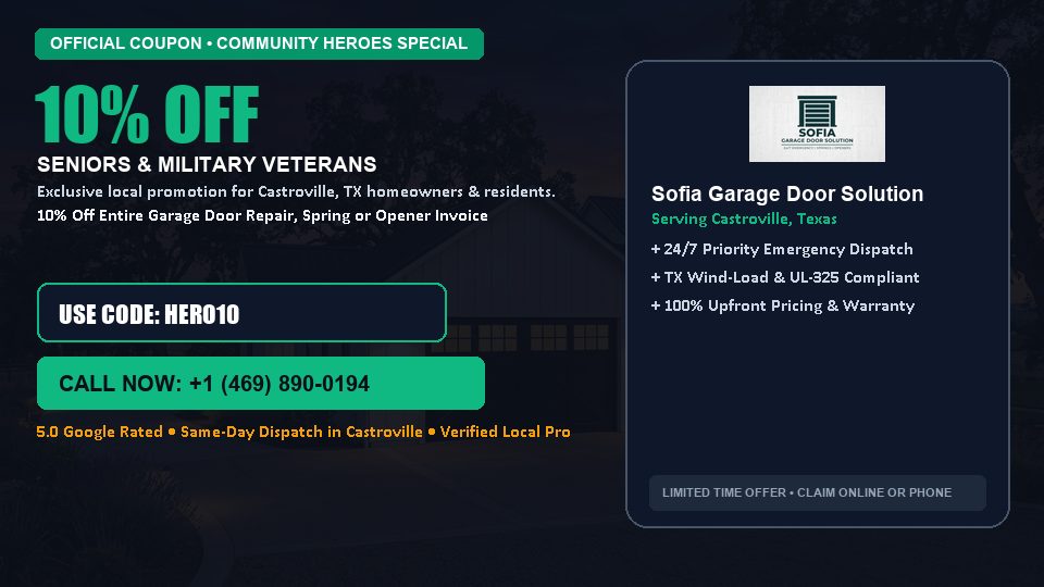 Sofia Garage Door Solution 10% OFF Seniors & Military Veterans in Castroville, TX